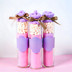 Beautifully arranged layered hot cocoa jars with chocolate chips and marshmallows