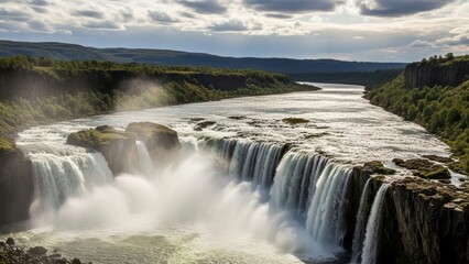 Majestic waterfall cascading into pristine river under dramatic cloudy sky in lush green valley landscape