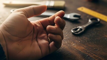 Hand holding small object with tools nearby.