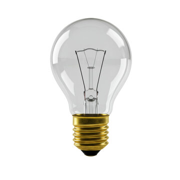 macro close-up of an unlit a19 incandescent light bulb featuring an intricate tungsten filament and polished brass base, isolated on a transparent background. concept of innovative potential energy
