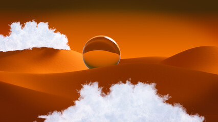 3D render Abstract minimalistic surreal glass sphere lens rests on the sandy surface of a desert. The background shows rolling sand dunes under a sky with clouds during sunset