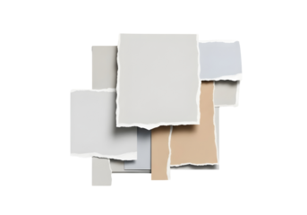 Collage of torn paper pieces in various shades of white and beige on transparent background