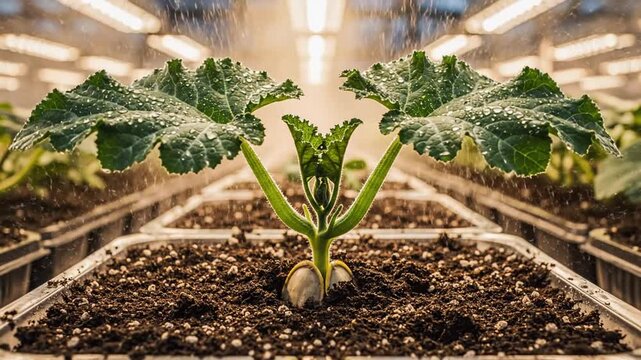 Close-up of a single seedling with two cotyledons and emerging true leaves in a greenhouse tray today