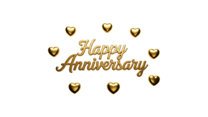 Happy anniversary text in gold surrounded by small gold hearts on a white background product shot isolated