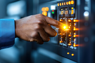 Close up of worker hand adjusting control panel with glowing lights, showcasing precision and focus in electrical work