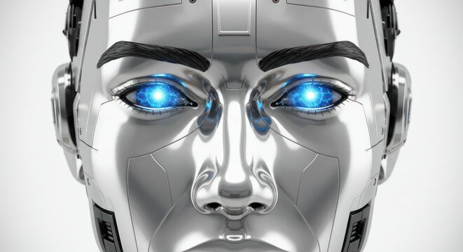 Futuristic humanoid robot face with glowing blue eyes in a metallic silver finish - Powered by Adobe