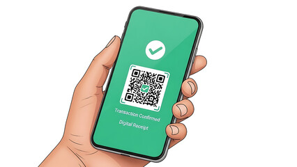 Hand holding a smartphone with a green screen and a visible qr code displayed on the ready for compositing on white and transparent background