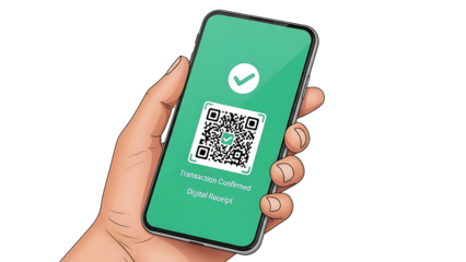 Hand holding a smartphone with a green screen and a visible qr code displayed on the ready for compositing on white and transparent background