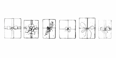 A row of six sketched gift boxes each with unique decorative embellishments