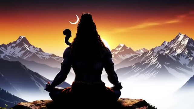 Hindu God meditating with sunset landscape.