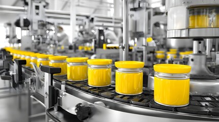 Bright yellow jars moving along a high speed automated food processing conveyor belt 