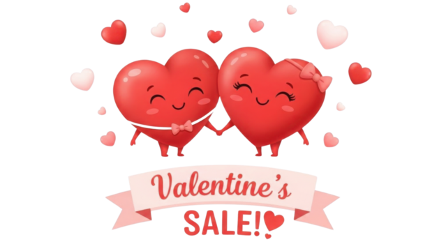 Cute Cartoon Red Heart Characters Couple Holding Hands for Valentine's Sale Graphic isolated PNG with Transparent Background - Powered by Adobe