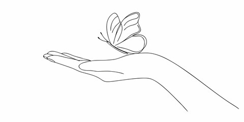 A delicate butterfly rests gently on an outstretched human hand in line art