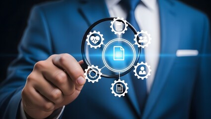 Fototapeta premium Businessman analyzing data security with magnifying glass