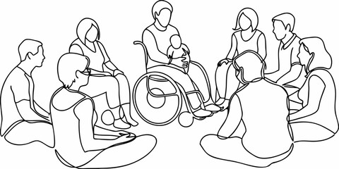 Obraz premium Diverse group of people sitting in a circle including a wheelchair user