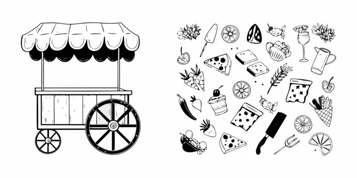 A vintage food cart sketch with various hand drawn food and drink items
