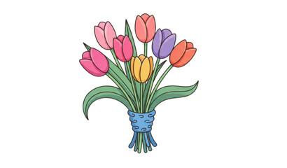 Obraz premium Cute spring tulip bouquet with seven colorful flowers and blue ribbon flat doodle vector isolated on transparent background