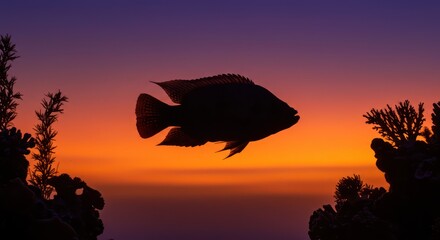 Silhouette of a fish swimming across a vibrant orange and purple tropical seascape