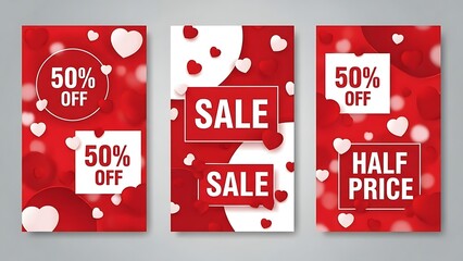 Vibrant red sale banners with hearts and discount offers for valentine's day promotions and special events