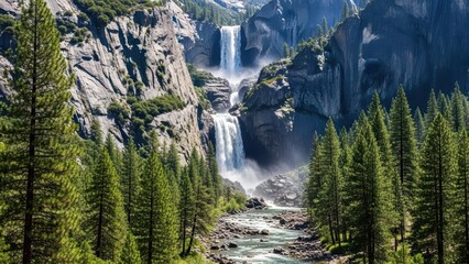 Majestic waterfall cascading down rocky cliff surrounded by evergreen forest in serene mountainous landscape