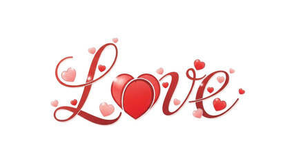Stylized Red Cursive "Love" Word Art Text with Glossy Hearts Decoration Vector Illustration isolated PNG with Transparent Background