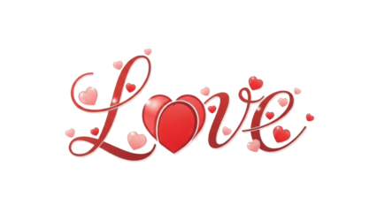 Stylized Red Cursive "Love" Word Art Text with Glossy Hearts Decoration Vector Illustration isolated PNG with Transparent Background