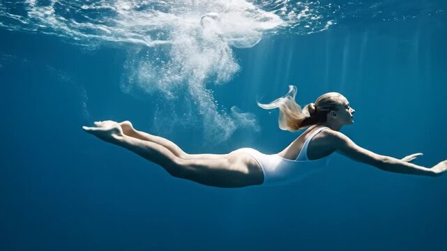 A woman in a white swimsuit dives gracefully through turquoise water, leaving bubbles and sun rays