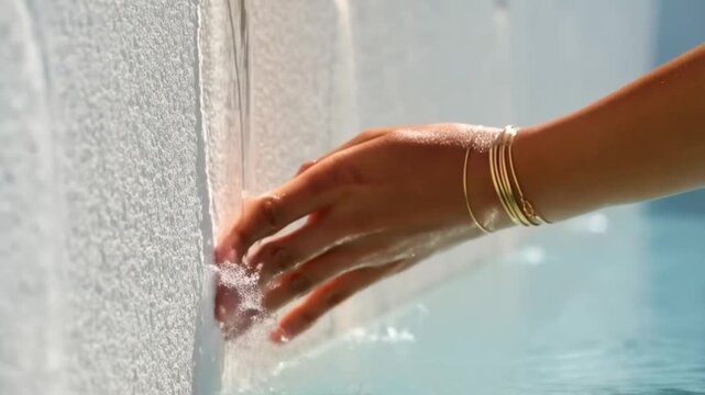 Close-up of a tanned female hand with gold bracelets touching water on a textured white stucco wall at a villa, concept of sensory architecture and tactile pleasure