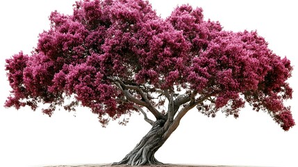 Obraz premium Vibrant Pink Flowering Tree Against Soft White Background in Nature Landscape View