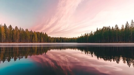 Serene Reflections of Trees and Clouds at a Calm Lake During Sunset in a Tranquil Forest