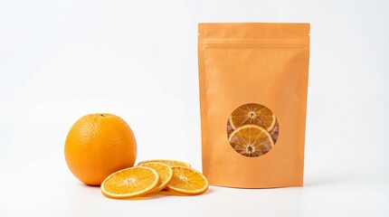 Fresh orange and dried orange slices in a rustic stand-up pouch, showcasing natural fruit snack