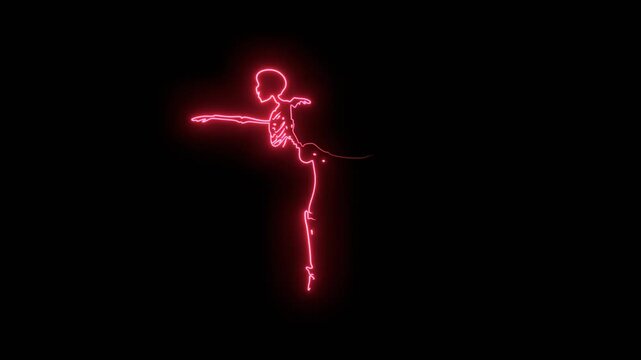 Thin line style dancing human skeleton. Spooky party and festive design. Cartoon bone figure. Neon glowing silhouette.