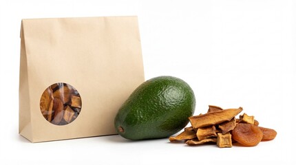 Healthy snacks with dried mango, apricot, and fresh avocado in sustainable packaging