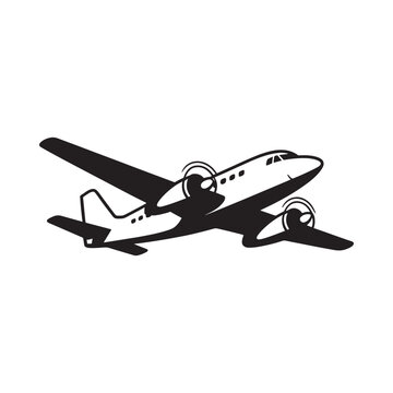 Vintage twin engine propeller airplane in black and white illustration