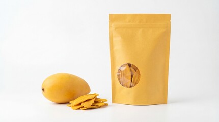 Fresh and dried mango slices presented alongside a ready-to-sell kraft pouch