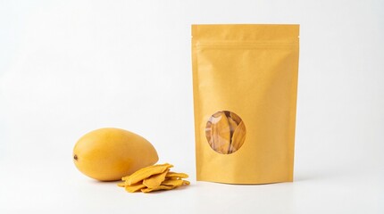 Fresh mango with a pile of dried slices and a kraft paper pouch of tropical fruit snack