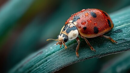Red ladybug with black spots and dewdrops rests on a green leaf