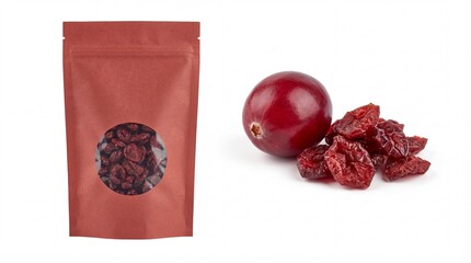 Delicious dried cranberries in a recyclable stand-up pouch alongside a fresh fruit