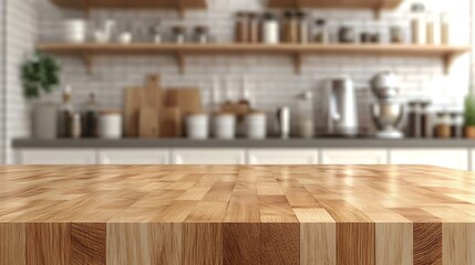 Modern Kitchen Interior with Wooden Countertop and Open Shelving Displaying Glass Jars