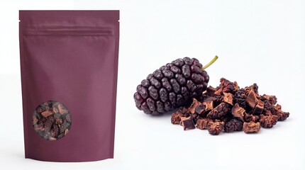 Premium dried mulberry fruit in a resealable stand-up pouch with a fresh berry