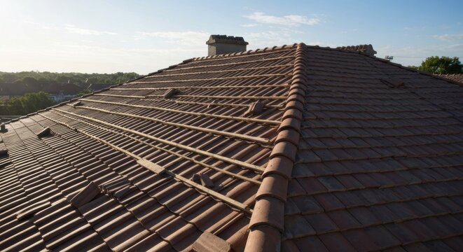 Angled aerial view of a terracotta tile roof under a blue sky, with exposed beams