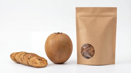 Dried kiwi slices and a whole fruit showcased with sustainable kraft packaging