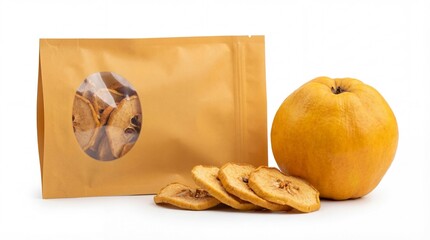 Delicious dried quince slices in a natural kraft paper pouch with a fresh quince fruit