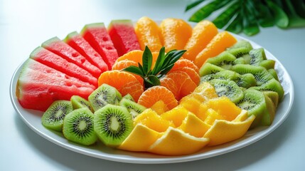 A vibrant platter of fresh colorful fruit including watermelon kiwi orange segments and mandarin oranges beautifully arranged on a white plate perfect for a healthy snack