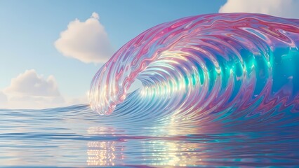 Surreal abstract ocean wave formed from iridescent liquid glass in pastel colors. 
