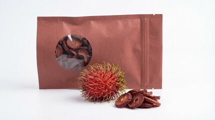Dried rambutan fruit slices and fresh whole rambutan with packaging on white background