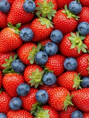 Fototapeta premium Fresh Strawberries and Blueberries Background - Healthy Berries Mix.