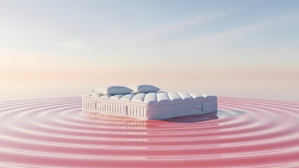 Luxury Mattress Floating on Pink Water in Minimal Surreal Scene