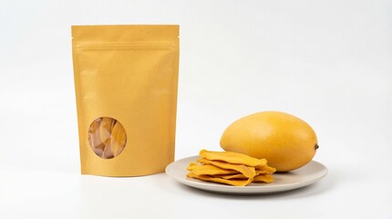 Delicious dried mango slices in a convenient stand-up pouch with a fresh mango