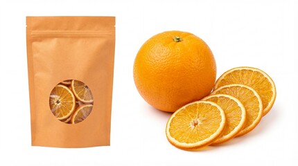 Dried orange slices beautifully displayed in a kraft pouch alongside fresh whole and sliced oranges